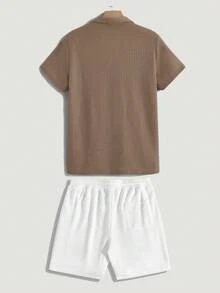 Manfinity Homme Conjunto casual de verano de 2 piezas: camiseta de polo de manga corta y pantalones cortos para hombre - Caqui - Ver 2