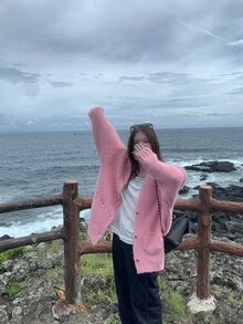 DAZY Women's Solid Color V-Neck Casual Long Sleeve Cardigan, Autumn/Winter School - Pink - View 3