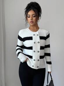 Elenzga Cardigan tricotat cu mânecă lungă pentru femei, cu design clasic cu dungi, la modă, versatil, pentru naveta zilnică, cu nasturi, guler rotund, elegant și grațios, toamnă/iarnă - Alb-negru - Vizualizare 5
