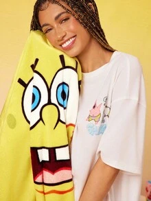 SpongeBob SquarePants | SHEIN 1pc Removable Pineapple Design Plush Throw Pillow & Blanket, Comfortable Flannel Material - Yellow - View 6