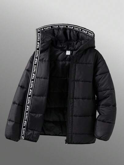 SHEIN Kids/Tween Boys' Casual Versatile Sports Ribbon Decor Hooded Zip-Up Long Sleeve Woven Winter Coat Parka, Suitable For Commuting, School, Casual, Holiday, Sports, Autumn/Winter, Black ,Black Puffer Jacket With Hood, Tween Girls Jackets, Winter Jacket Teen Girl Fall