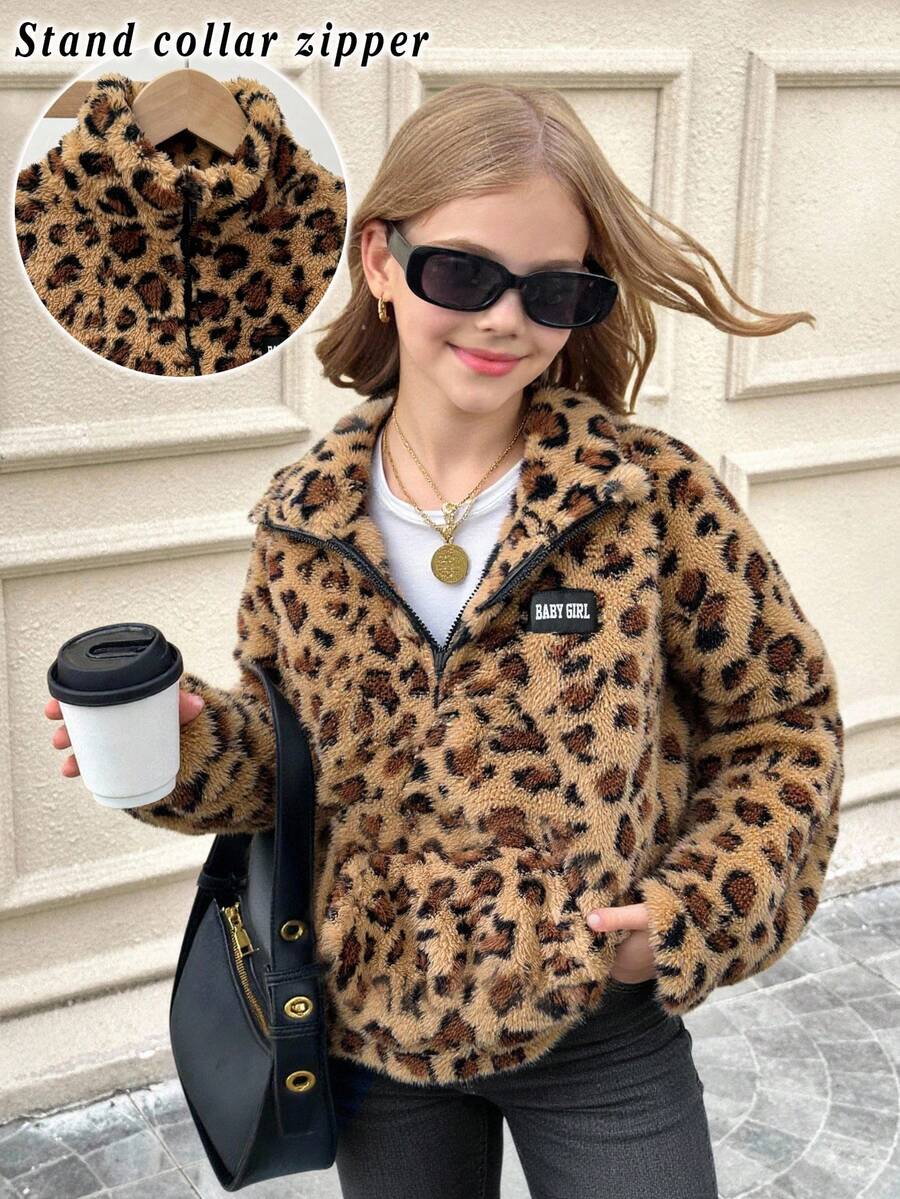 SHEIN Serisse Kids Tween Girls Casual Leopard Print Teddy Fleece Reversible Stand Collar Half-Zip Patch Pocket Loose Fit Long Sleeve Sweatshirt, Autumn/Winter, Fur Jacket Kids, Tween Plush Jacket, Kid Girl Jacket, Girls Cartoon Jackets Fall