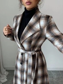 Elenzga 优雅通勤时尚百搭格子粗花呢面料，大翻领束腰单排扣长款女式大衣 - 棕色 - 查看 6