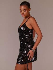 Athîral Women's Black Sequin Wrap Mini Dress,Iridescent Disc Embellished Mesh Fitted V-Neck Spaghetti Straps Summer 70s Party Night-Out Cocktail Club Festival - Black - View 5