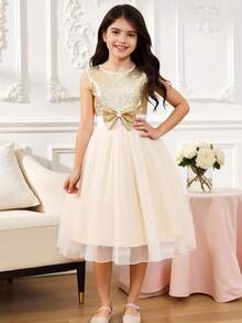 Cô gái Tween Tương phản Sequin Nơ mặt trước Lưới Hem Đầm Party Đối với Giáng sinh - Vàng - Xem 1