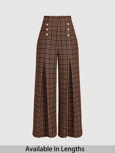 SHEIN PETITE CURVE Plus Size Retro Plaid Wide Leg Pants, Elegant Urban Commuter/Winter Plaid Pants Brown Pants High Waisted Pants Checkered Pants