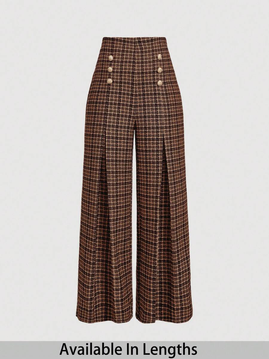 SHEIN PETITE CURVE 大码复古格子阔腿裤，优雅都市通勤 - 棕色 - 查看 1