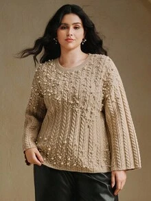 Anewsta Khaki Round Neck Loose Asymmetrical Hem Flared Sleeve Pearl Knit Sweater, Casual Elegant Chic For Fall, Autumn, Winter, New Year