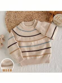 Loomiva 男婴彩色条纹圆领长袖套头毛衣，休闲百搭 - 杏色 - 查看 8
