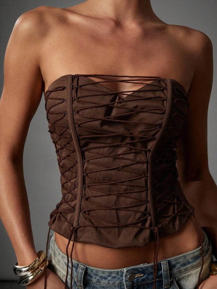 Hauture Women's Mocha Brown Cross Tie Front Sexy Going Out Bustier Top - Coffee Brown - View 2