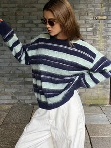 DAZY Contrast Stripe Fuzzy Loose Crew Neck Long Sleeve Casual Street Style Knit Sweater For Women, Autumn/Winter