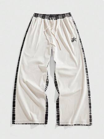 Street Life Pantalon ample pour hommes avec taille à cordon de serrage, imprimé d'étoiles à cinq branches et patchwork à carreaux, automne