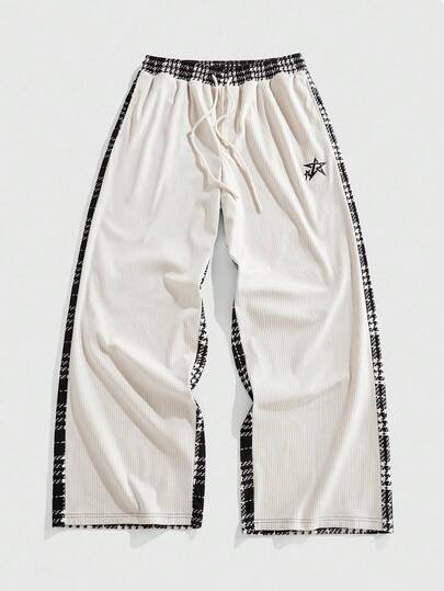 Street Life Men's Patchwork Plaid Drawstring Waist Five-Pointed Star Print Loose Pants, Fall