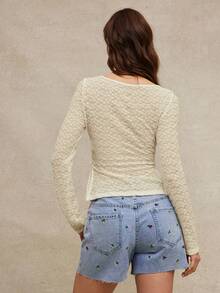 WESTFADE Western Cowgirl Lace Boatneck Ruched Split Side Semi Sheer Fitted Long Sleeve T-Shirt Spring Break - Apricot - View 5