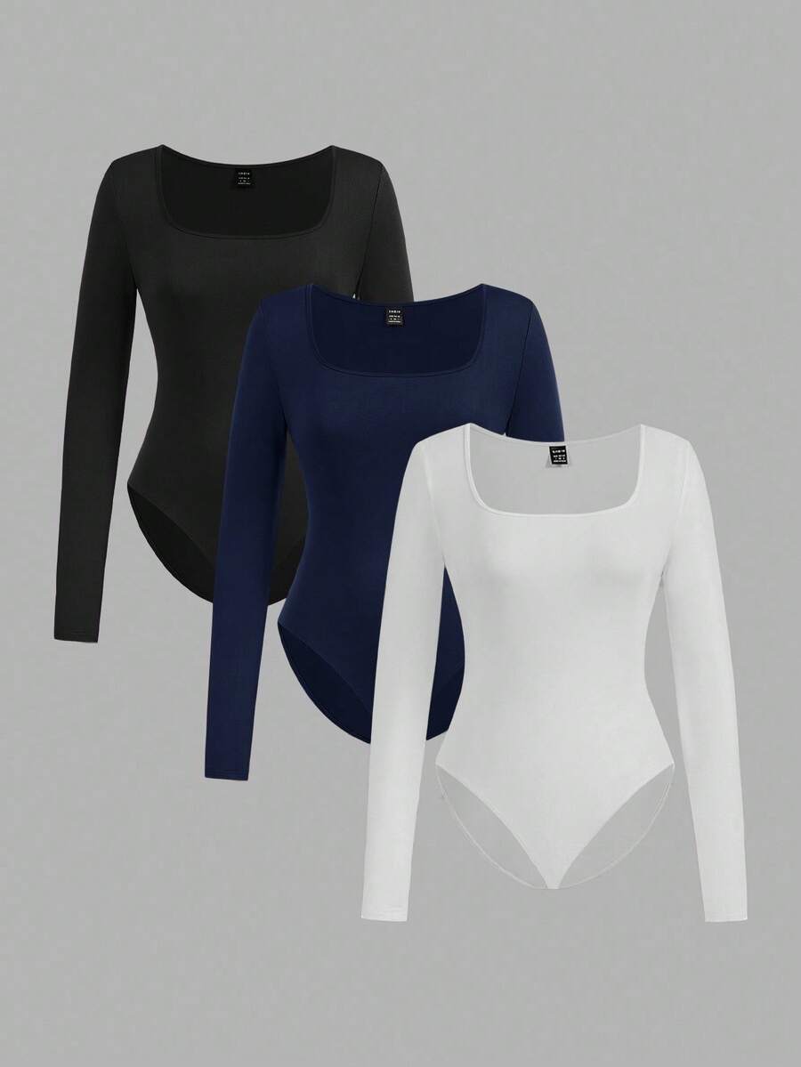 SHEIN EZwear 3pcs Women Square Neck Long Sleeve Tight Fit Bodysuit Set, Black, Navy Blue, White, Suitable For Autumn/Winter,Fall,Black Bodysuit - Multicolor - View 1