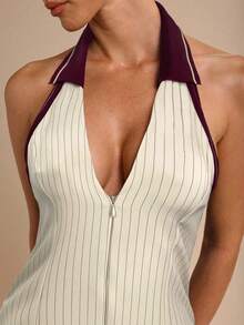 COSMINA 女士优雅V领束腰迷你连衣裙，春夏 - 杏色 - 查看 5