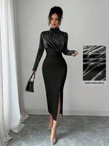 Modelyn 女式斑马条纹立领长袖侧开衩下摆扭腰修身连衣裙，带烫金印花，优雅晚会礼服，女士优雅开叉，开叉大腿，扭纹长袖立领修身长款黑色常规袖图案修身女式长裙，春/秋，休闲日常穿着超长女装长款晚礼服 - 銀色 - 查看 4