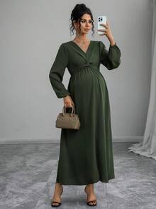 Momance Maternity Solid Color V-Neck Long Lantern Sleeve Twist Knot Midi Dress Spring Photoshoot Maternity Fall - Army Green - View 5
