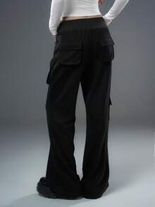 Bloopia Pantalones anchos acampanados con bolsillos y parches, moda de otoño/invierno, estilo casual y urbano, personalizado para mujer - Gris - Ver 2