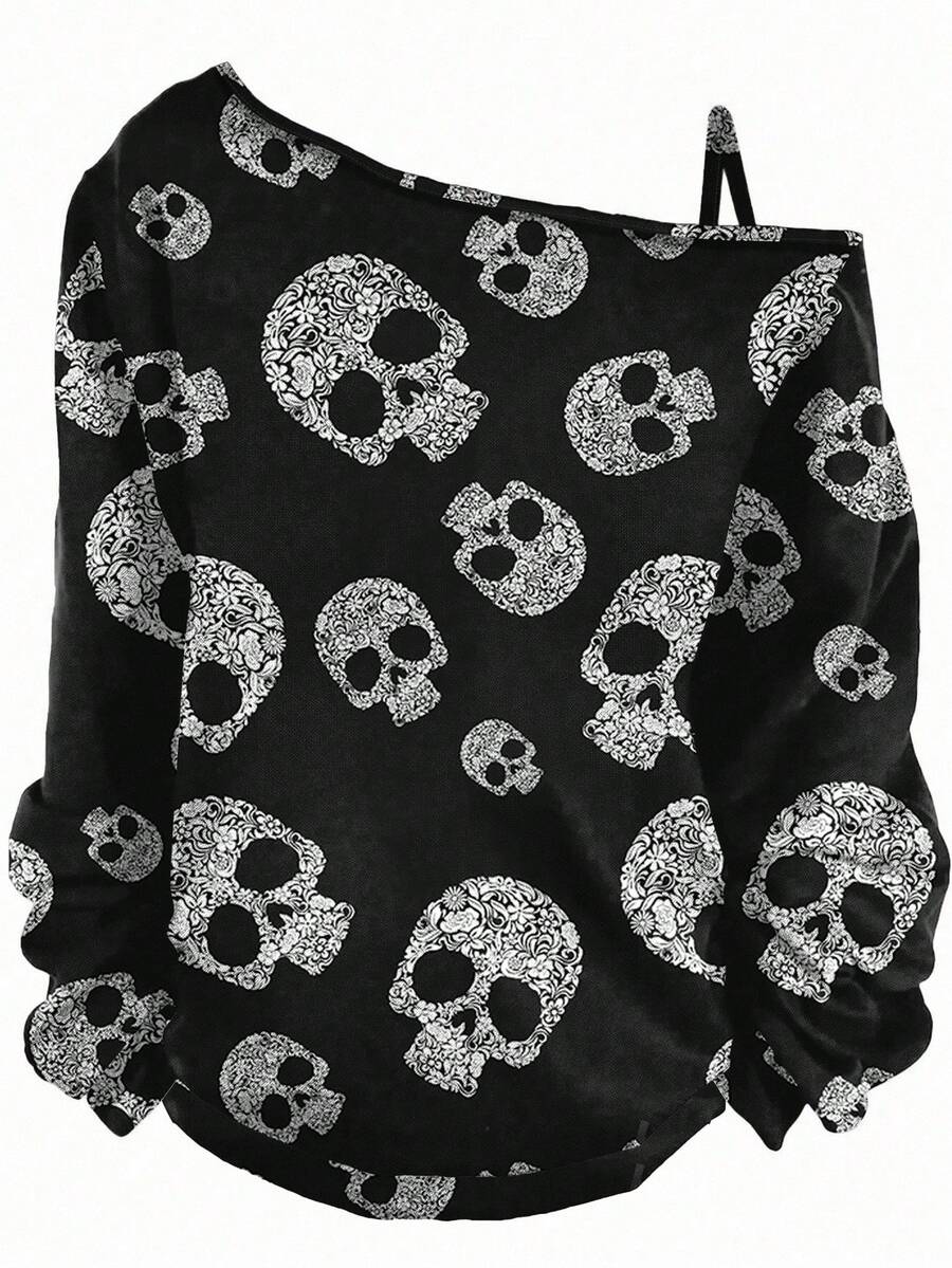 EMERY ROSE Halloween Back To School Women's Casual Artistic Skull Print Plus Size Off Shoulder Long Sleeve T-Shirt, Suitable For Autumn/Winter, Black T-Shirt, Fall Women's Clothing, Halloween Outfit Skull Top One Shoulder Top