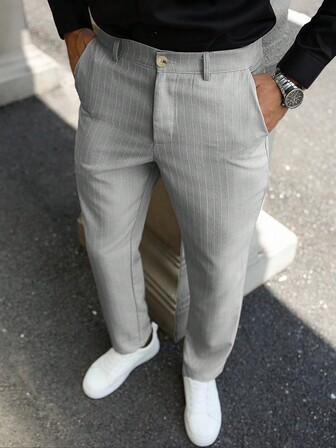 Manfinity Bizformal Randiga herrkostymbyxor med sneda fickor och slim fit, herrbyxor, herrkostym och byxor, gammaldags stil