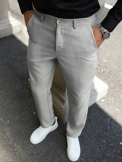 Manfinity Bizformal Men's Striped Casual Workwear Slanted Pocket Slim Fit Suit Pants, Men Pants, Men Suit And Pants, Old Money Style