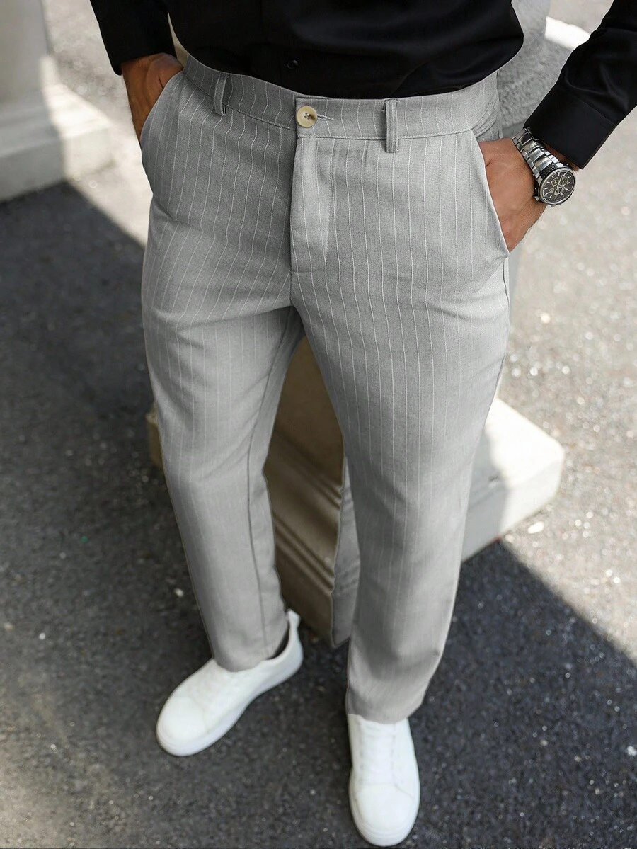 Manfinity Bizformal 男士条纹休闲工装斜口袋修身西装裤，男士裤子，男士西装裤，老钱风格 - 灰色 - 查看 1