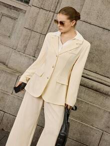 Calvaya Plus Size Women 2 Pieces Set,White,Autumn,Elegant,Semi Formal Office Wear Long Sleeve Button Suit Jacket And Straight Leg Pants Business Casual Outfit - Apricot - View 6