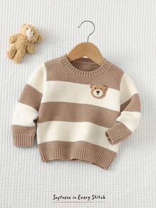 Cozy Pixies Baby Boy Cartoon Bear Striped Pattern Crew Neck Long Sleeve Sweater,In Fall/Winter