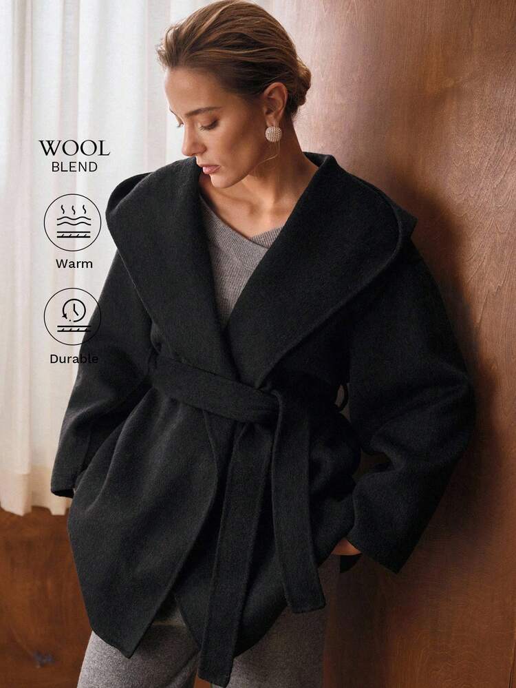 WOOL BELTED HOODED OVERCOAT