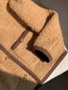 SHEIN EZwear 女士长袖单排扣泰迪羊毛时尚夹克，适合秋冬季派对/约会 - 杏色 - 查看 4