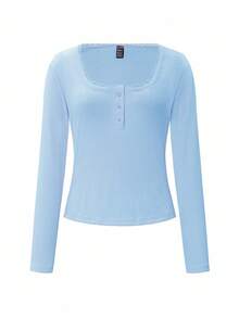 SHEIN Camiseta de manga larga con adorno de encaje dulce para mujer ChicEase, camiseta casual blanca de ajuste ceñido con 3 botones para el verano - Azul - Ver 5