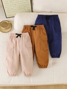 SHEIN Playful Pals 幼儿男童时尚工装裤，带口袋，纯色，简约百搭，舒适休闲慢跑裤，适合春秋季 - 彩色 - 查看 3