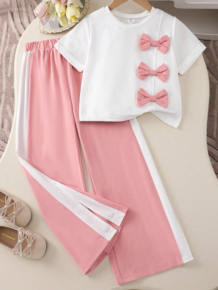SHEIN Kids/Teens 2pcs Set - Loose Fit Crew Neck Pink Bow Splice White Casual Blouse + Casual Sports Pants - White - View 1
