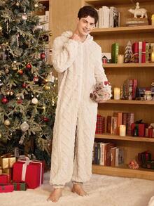 CoupledUp Bộ đồ liền thân vải nỉ Jacquard nhung trơn có mũ trùm đầu dành cho nam, đồ mặc nhà, thu đông, mềm mại, ấm áp - Màu be - Xem 5