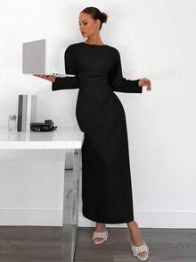 Siren Gaze 女士休闲纯色长袖修身连衣裙，优雅冬季派对黑色晚礼服，春季款 - 黑色 - 查看 5