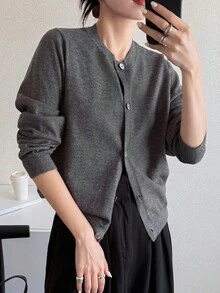 FRIFUL Áo khoác cardigan dệt kim dáng rộng màu xám đậm đơn giản dành cho nữ, đa năng cho mùa thu - Màu xám đen - Xem 5