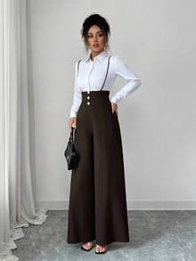 Elenzga 新款女士梭织斜纹高腰侧拉链可调节肩带休闲优雅阔腿连体裤，适合通勤和日常穿着，秋冬季款 - 棕色 - 查看 4