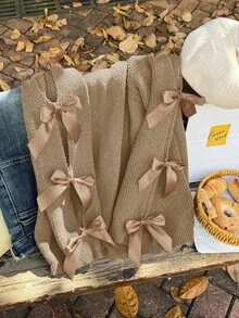 Firerie Plus Size Loose Knit Sweater With Hollow Bow Knot Decor, Plus Size Cute Fall Pullover In Beige Brown Sweater Brown Long Sleeve Top/Winter - Khaki - View 5