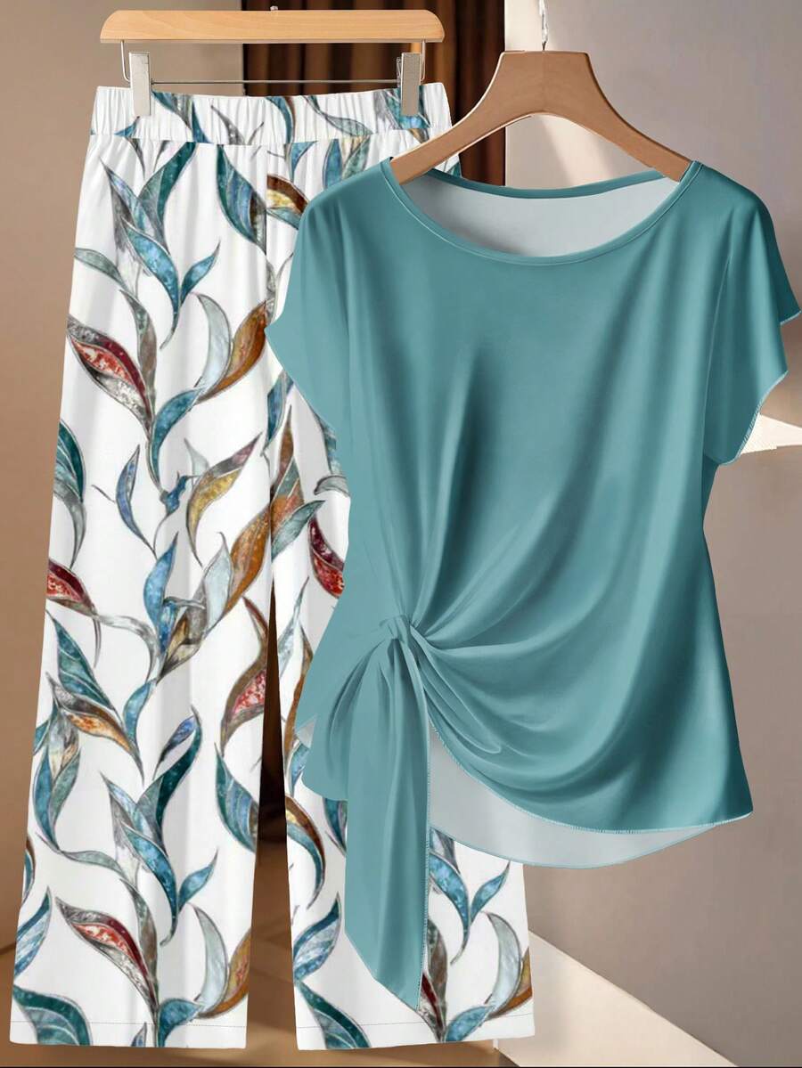 EMERY ROSE Bộ đồ hai mảnh màu xanh ngọc trơn tay cánh dơi thắt nút bên hông cỡ lớn dành cho nữ, trang phục cho mẹ cô dâu, trang phục dự tiệc thanh lịch dành cho phụ nữ, phụ nữ - Màu xanh ngọc - Xem 1