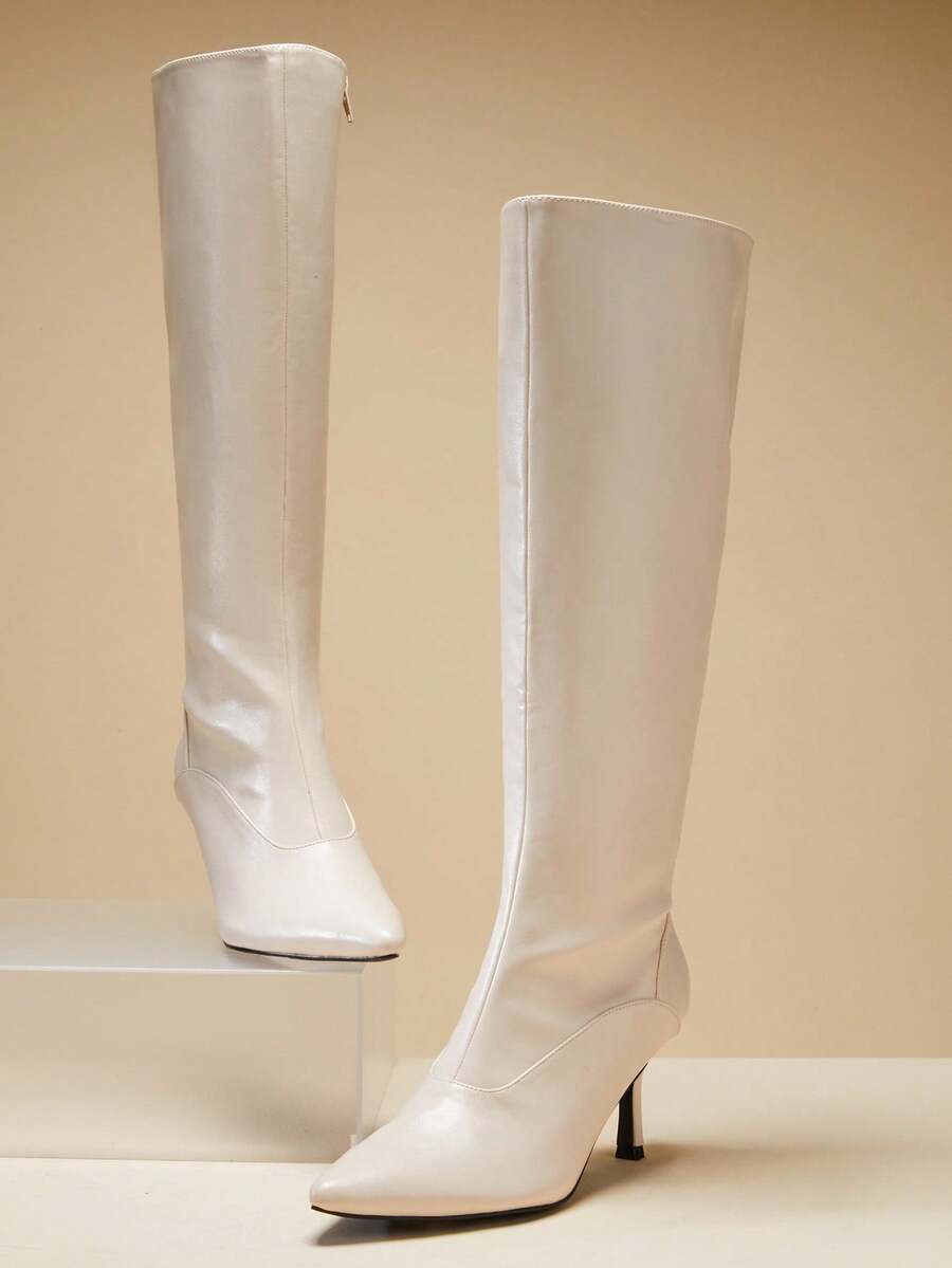 SHUZIA Women's Glamorous Sexy Pointy Toe Kitten Heel Mid-Calf Boots - White - View 1
