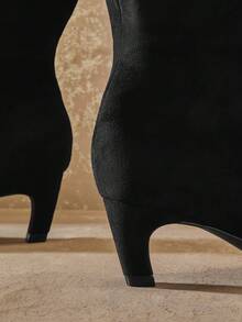 SHUZIA Elegant Sleek Women's Black Faux Suede Knee-High Comfortable Kitten Heel Slip-On Style Chic Sophisticated Holiday Fun Boots - Black - View 5