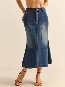 Daynim 女士休闲牛仔纽扣 A 字裙，百搭日常穿着 - 中等水洗藍 - 查看 5