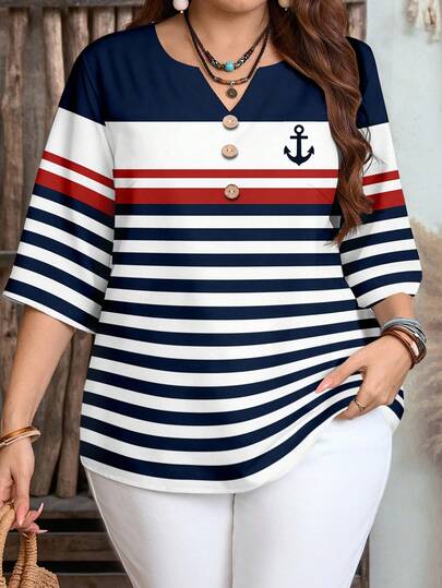 EMERY ROSE Camisa casual de manga corta con botones delanteros, estilo universitario, con patrón de rayas de contraste rojo y azul, estilo náutico, para mujer de talla grande. Camisa de verano para mujer, estilo bohemio y campestre para vacaciones, sencilla y de moda, adecuada para uso diario, tops de verano para mujer, ropa de verano para mujer.