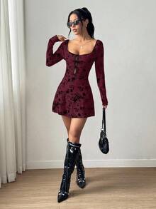 EgrlEra Petite 女式植绒网眼镂空蝴蝶结长袖透视连衣裙 - 彩色 - 查看 6