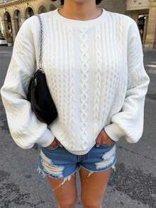 SHEIN Girlism Teen Girls' Casual Textured Solid Color Loose Fit Crew Neck Sweatshirt, Autumn Fall Winter - White - View 8