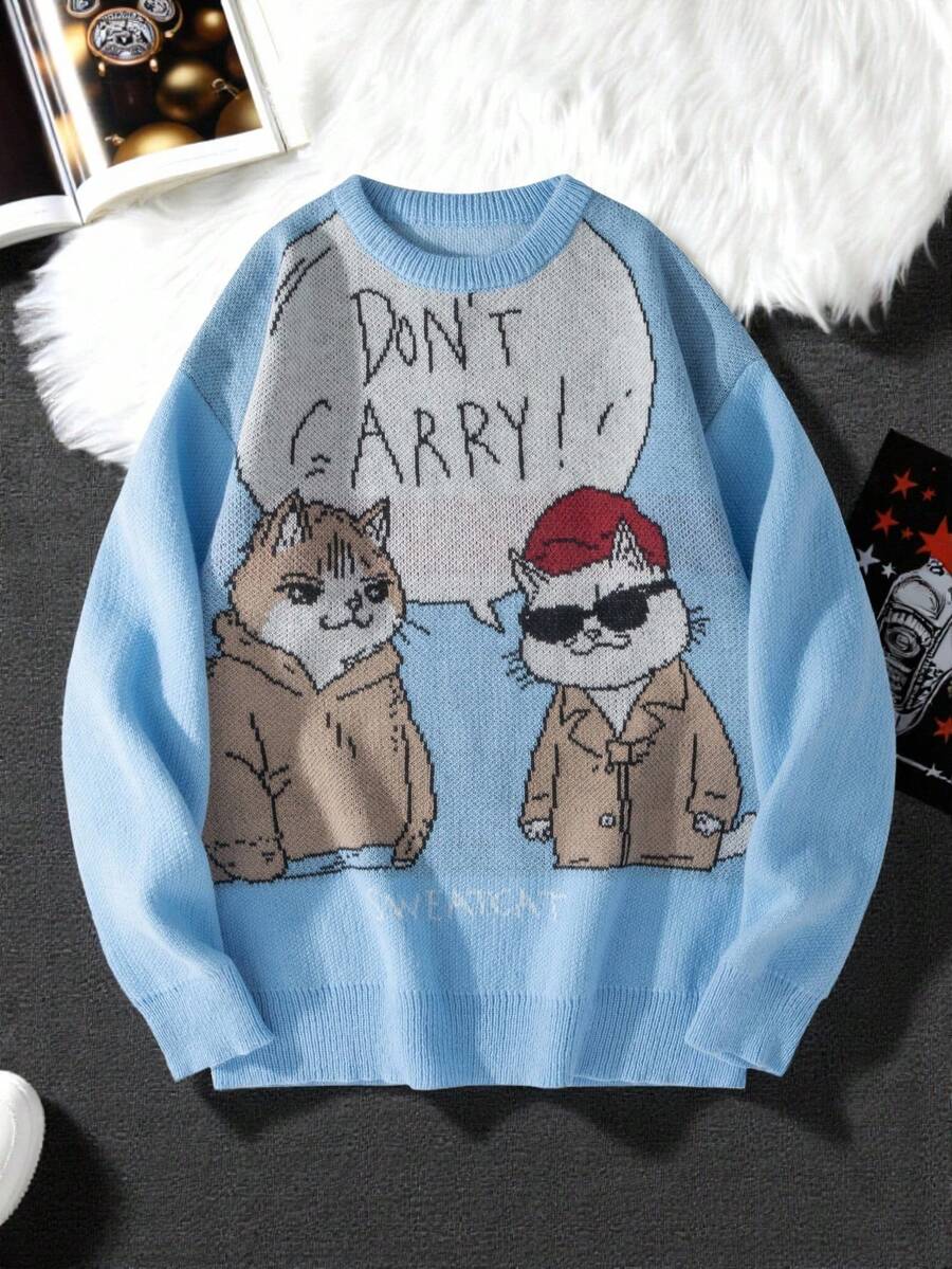 Claim Dot Men's Baby Blue Cute Christmas Cartoon Cat Pattern Crew Neck Loose Fit Casual Sweater - Blue - View 1