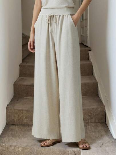 Easowa Women's Casual Drawstring Waist Slanted Pocket Pants Cotton Pants For Women Summer Linen Pants Women Wide Leg Pants Woman Palazzo Pants Wide Leg Pants