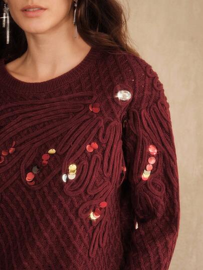Anewsta Women's Elegant Lazy Chic Handmade Rope Embroidery Sequin Twisted Flower Sweater, Burgundy Round Neck Long Sleeve, Suitable For Christmas, Halloween, Autumn/Winter