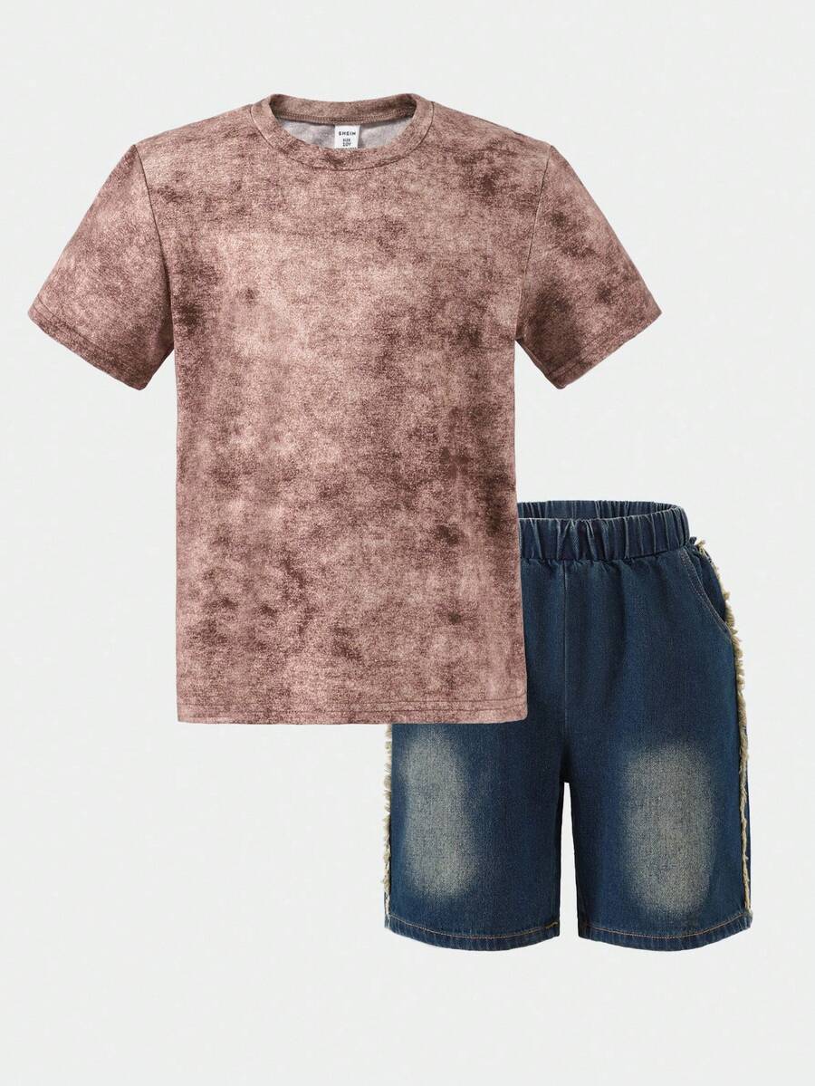 SHEIN Explorewe 2pcs/Set Tween Boy Casual Tie-Dye Short Sleeve T-Shirt Paired With Denim Shorts, Effortless Outfit For Summer - Brown - View 1